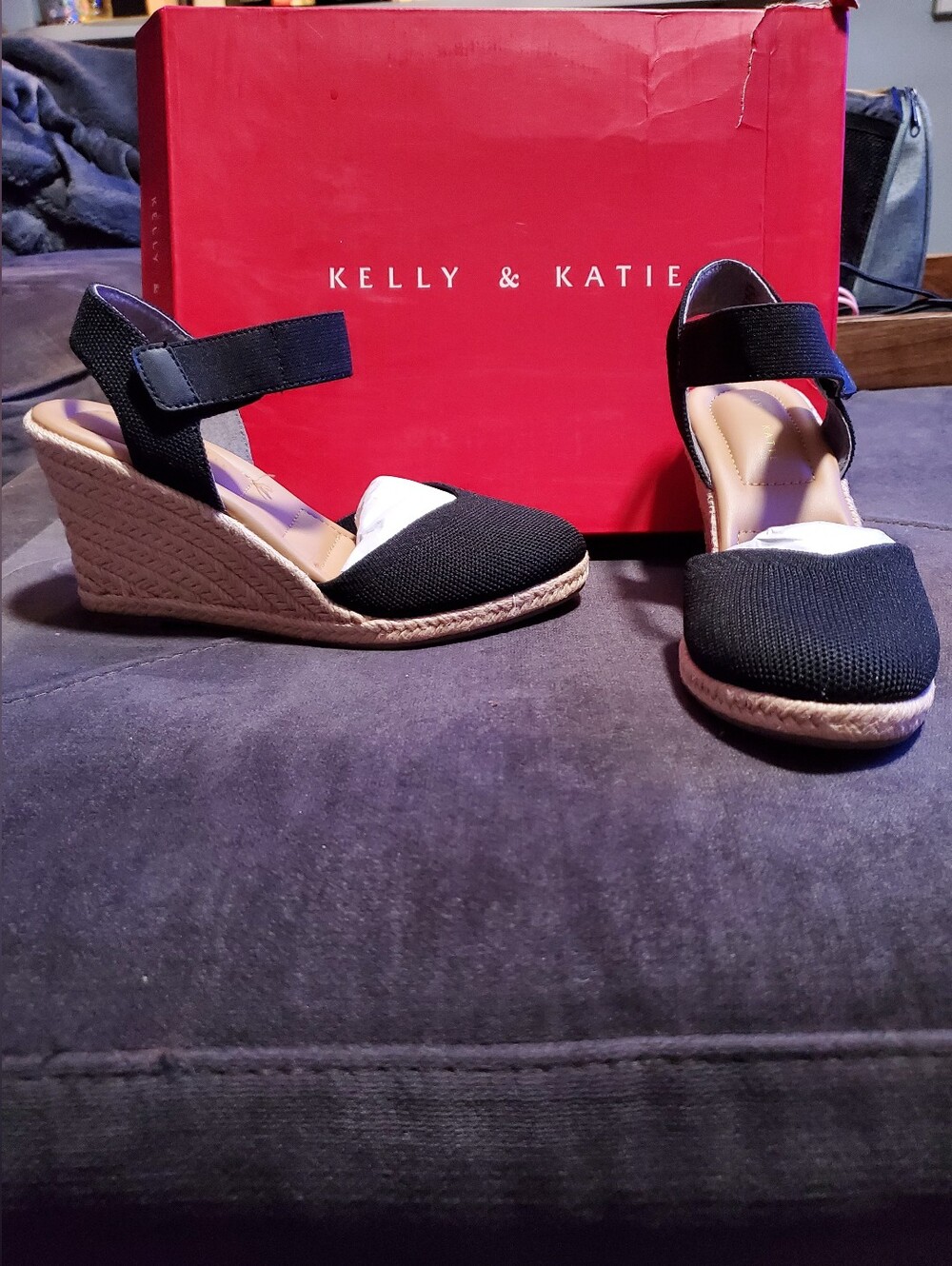 NWOT Kelly & Katie Banner Espadrille Wedge Sandal - Black size 6M